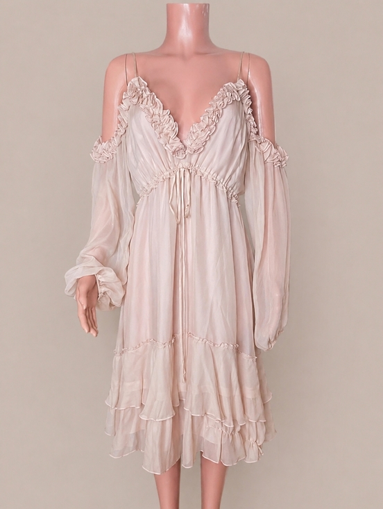 BCBGMaxAzria Dresses & Skirts - NWT BCBGMaxAzria Caden Tearose Ruffle-Trim Cold Shoulder Silk Dress Large